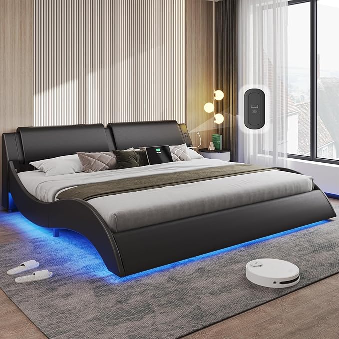 DICTAC California King Bed Frame with Led Lights and USB & Type-c Ports Modern Cali King Bed Frame with Headboard Faux Leather Wave Like Curve Low Profile Platform Bed Frame,No Box Spring Needed,Black