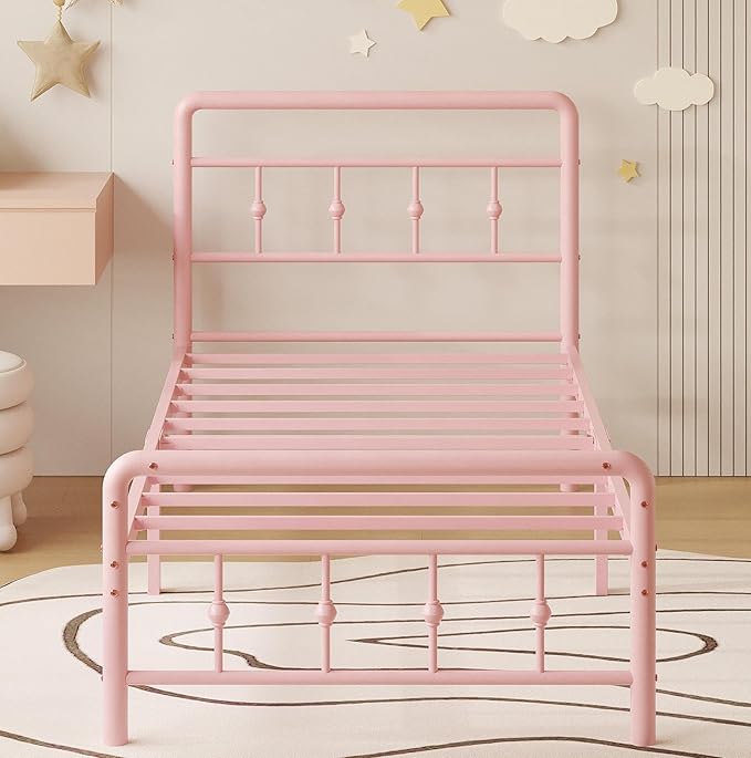 Richwanone 14 inch Twin XL Bed Frame with Headboard and Footboard, Heavy Duty Metal Bed Frame Victorian Style, No Box Spring Needed, Easy Assembly, Pink