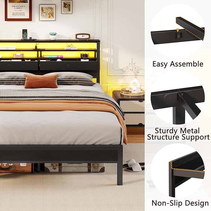 Furnulem Queen Bed Frame with Headboard & 2 Fabric Drawers, Bed Frame Queen Size Featuring LED Lights, Built-in Charging Station & Storage Shelves, Metal Slats, No Box Spring Needed – Black Oak