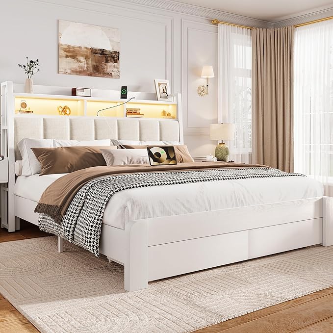 BRELTAM King Size Bed Frame with 2 Storage Drawers, Wood Platform Bed Frame with 2-Tier Storage Headboard Built in Charging Station & LED Light,Noise-Free/Metal Support/No Box Spring Needed,White