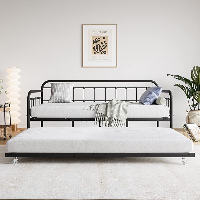 JURMERRY Metal Daybed Frame with Trundle Twin Size Heavy Duty Steel Slats Support Platform Furniture,Textured Black…