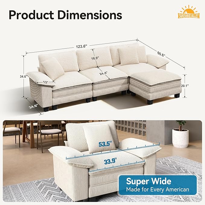 L Shaped Modular Cloud Couch, 123.6'' Comfy Corduroy Sectional Sofa with Wider Armrest and Ottoman, Upholstered 4-Seat Modern Deep Seat for Bedroom Living Room, Beige