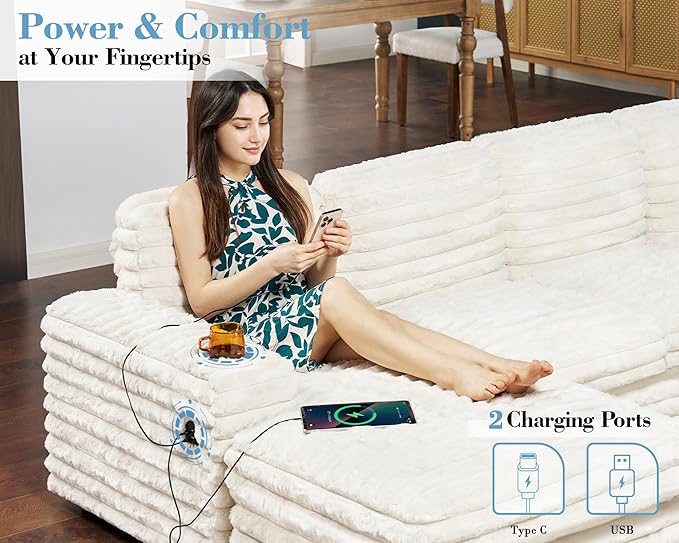 PaPaJet 112 Inch U Shaped Couch, Oversized Couch with Storage, Sectional Sofa with Chaise & 2 USB Ports, Faux Fur White Sofa