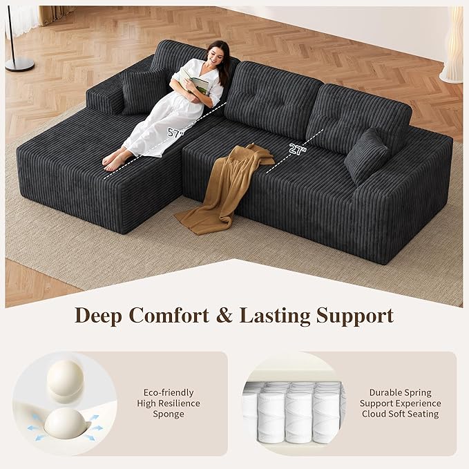 Ball & Cast 106" Boneless Sectional Sofa, Corduroy Modular L Shaped Couch with Deep Seat Chaise, Cloud Style Oversized Sofa for Living Room, No Assembly, Right Facing,Grey