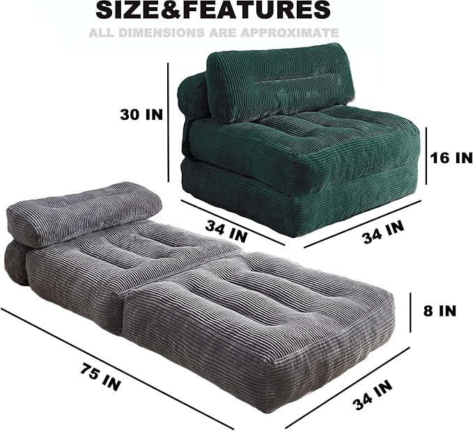Kisoy Folding Sofa Bed, Convertible Sleeper Chair Couch Bed Faux Rabbit Fur for Adults, with Back Support Floor Couch Comfy Floor Sofa for Living Room Bedroom, Green, Single