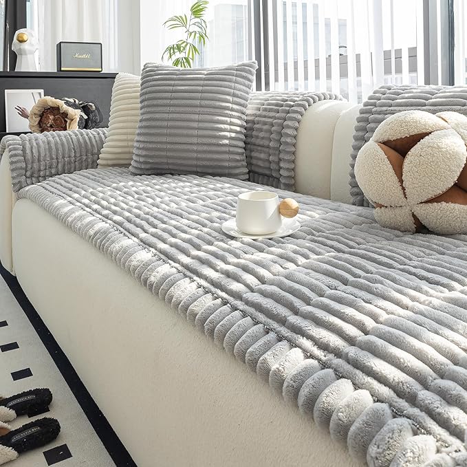 Sofa Couch Cover, Sofa Covers for Dogs Washable, Non-Slip Striped Sofa Slipcovers for Sectional Sofa, Sofa Cover Furniture Protector for L Shaped(Light Grey, 27.6"x 70.9")