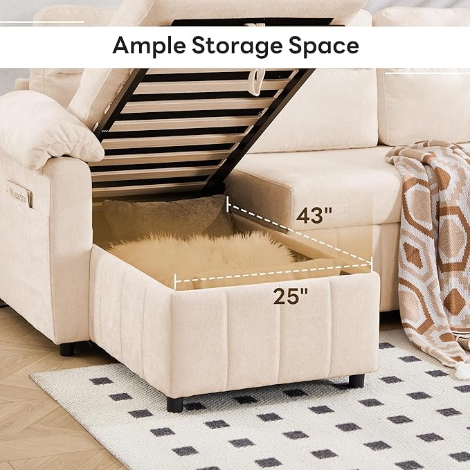 Tbfit 108'' Pull Out Sofa, Cloud Sleeper Sofa Bed with USB & 2 Storage Chaises, Comfy Oersized U Shaped Convertible Sectional Sleeper Couches for Living Room, Apartment, Office, Beige
