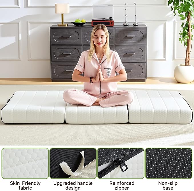 ROXGOX Foldable Mattress, Queen Tri-Fold Memory Foam Mattress Topper with Washable Cover, Handle & Non-Slip Bottom, 4 Inch Portable Folding Bed for Guest, Yoga, Living Room, Camping - 78"x58"x4"