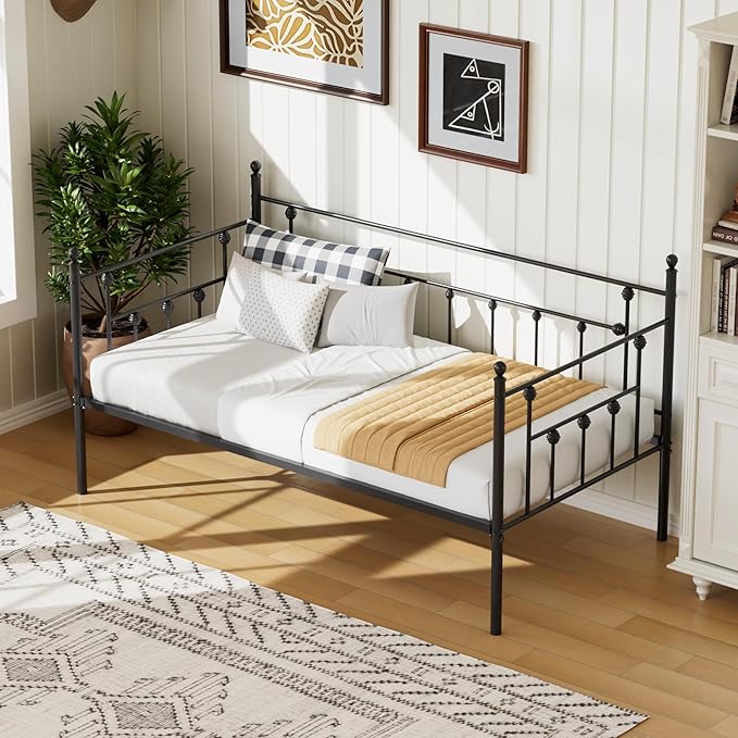 VECELO Daybed Frame, Twin Size Metal Platform Bed with Headboard,Heavy Duty Steel Slats Support for Living Room Bedroom Guest Room, Easy Assembly