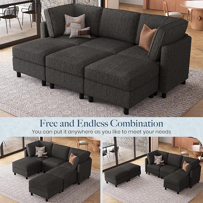 Belffin 84.3" Modular Sectional Sofa 6 Seats Sleeper Sofa Washable Sectional Couches for Living Room Comfy Couches with Storage Deep Seat Couch Sofas with Chaise,Dark Grey