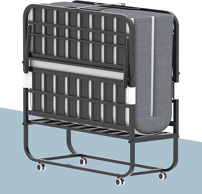 Folding Bed, 74.4"x46" Portable Beds for Adults, Heavy Duty Sturdy Metal Frame, Foldable Bed on Wheels for Twin Size, Space Saving Rollaway Bed for Guest Easy Storage