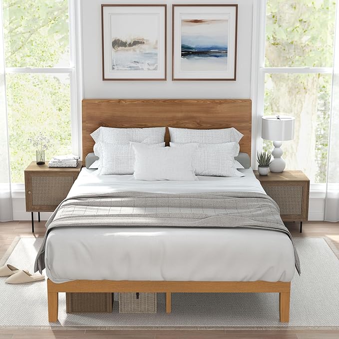 Sweetcrispy Solid Wood Bed Frame, Queen Size Bed Base with Wood Slat Support, Sturdy, Stylish & Noise-Free Design, No Box Spring Needed, Easy Assembly, 12 in Natural Pine