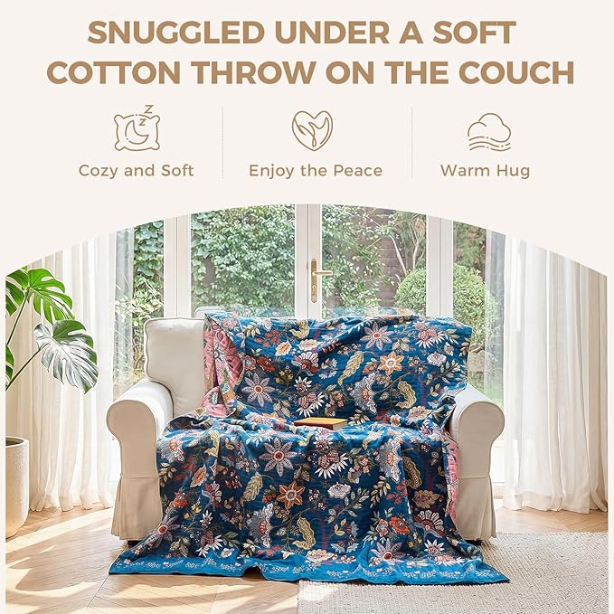 LUTBM Boho Throw Blanket for Bed Cotton Spring Blankets Bedroom Living Room Twin All Season Lightweight Floral Embroidery Quilt for Couch Sofa Chair 60"x80"