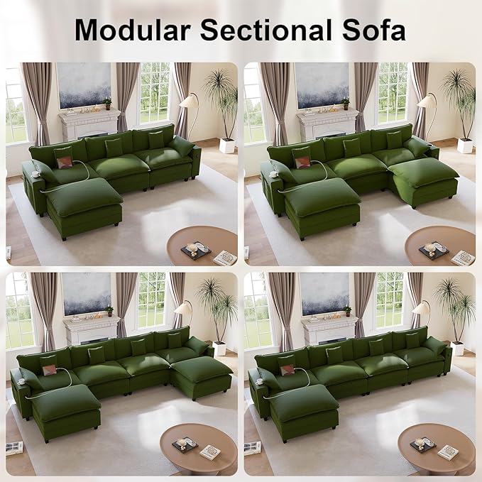 116" Modular Sectional Sofa, L Shaped Cloud Couch with Movable Ottoman, Chenille Deep Seat Cloud Sofa with Charging Station, Cup Holder, Side Pocket, Sectional Couches for Living Room, Green