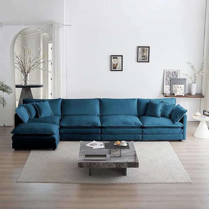 mikibama Modular Sectional Sofa, 146.5 Inch L Shaped Couch Set for Living Room, 4-Seater Comfy Cloud Couches with Movable Ottoman, DIY Combination, Chenille, Blue