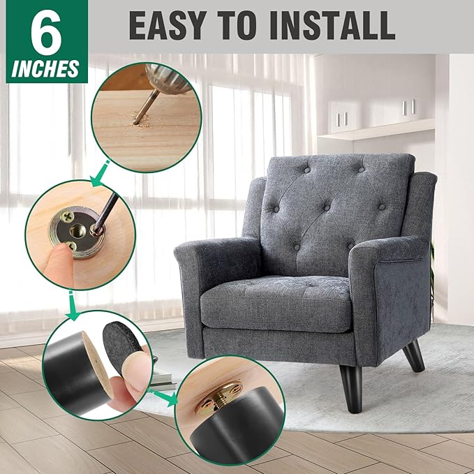 FoDau770 Black Rubber Wood Furniture Legs 6 Inches, Slant Tapered Wood Feet Mid Century Sofa Legs Set of 4, 5/16" UNC Furniture Feet Replacement Parts for Cabinet Couch Dresser Chair Ottoman Table