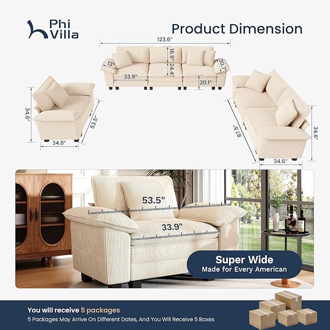 PHI VILLA Cloud Modular Couches Sets, 3 Pieces Large Sectional Sofa Set with Loveseats & Armchair, 6-Seater Upholstered Couch for Living Room, Corduroy Fabric, Beige