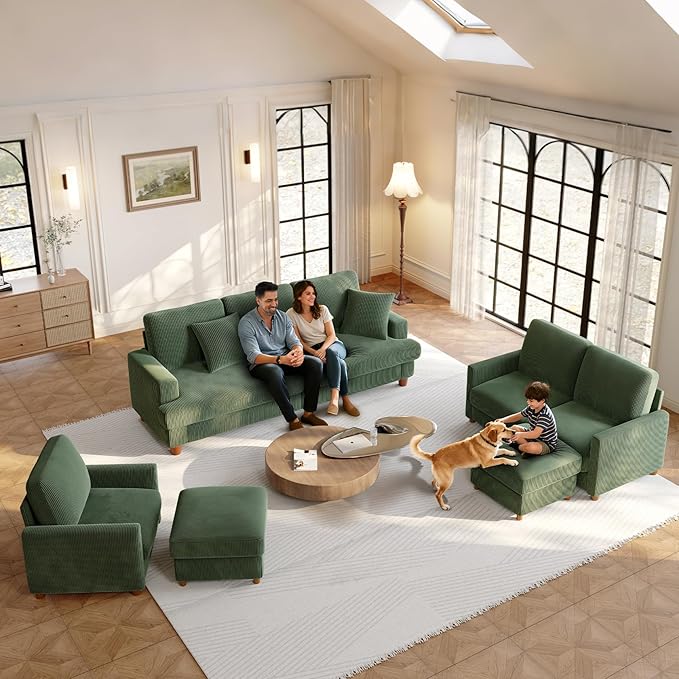 87.2" Couches for Living Room, Comfy L Shaped Couch Green 7.5" Thicker Cushion, Sofas for Living Room Tool-Free Setup, Loveseat with Ottoman 848lbs Support, Corduroy Couch for Bedroom, Office