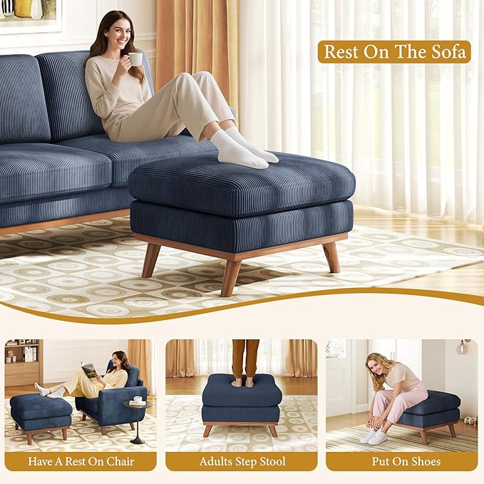 Vesgantti Large Ottoman for Modular Sofa, 29.5" Corduroy Ottoman with Spring Cushion, Rectangle Foot Rest for Couch, Entrance Footstool with Wood Legs, Footstool for Living Room, Bedroom, Dark Blue