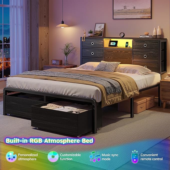 Homkdom Queen Size Bed Frame with 8 Fabric Storage Drawers, LED Lights & Charging Station, Metal Platform Bed Frame with Headboard Storage,No-Noise,Easy Assembly,Black