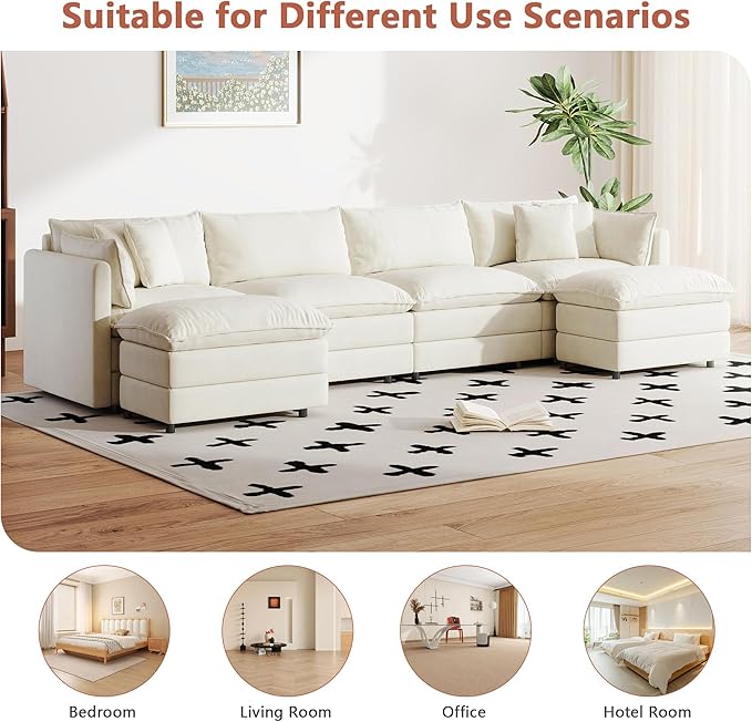 Setawix Deep 4 Seater Couch with Ottomans,147.22" U-Shaped Cloud Couches for Living Room,Chenille Cloud Sofa Couch with Foorest,Modular Sectional U Shape 4 Seat Sofa for Bedroom (Beige, 4+2)