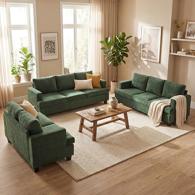 YOUDENOVA Sofa, 3 Piece Set Comfy Sofa, Loveseat & 2 3-Seater Couch with Deep Seats for Living Room, Modern Sleeper Couch, Green Chenille