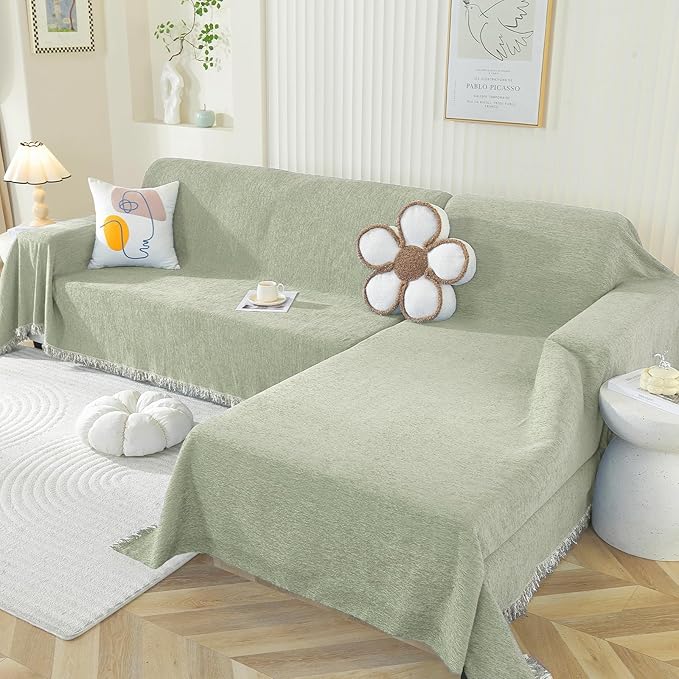 OstepDecor Sectional Couch Covers 2 Pieces, L Shaped Sofa Cover, Chenille Couch Cover for Dogs Washable, Couch Cover Blanket, Sofa Slipcover for 2-3 Cushion Couch (71"x102"+71"x118", Sage Green)