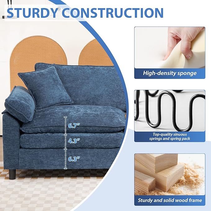 Oversized Modular Sectional Sofa, 80 Inch L Shaped Cloud Couch Set, 2-Seat Comfy Convertible Sofa with 1 Movable Ottoman, DIY Combination Sleeper Couch for Living Room(Chenille, Blue)