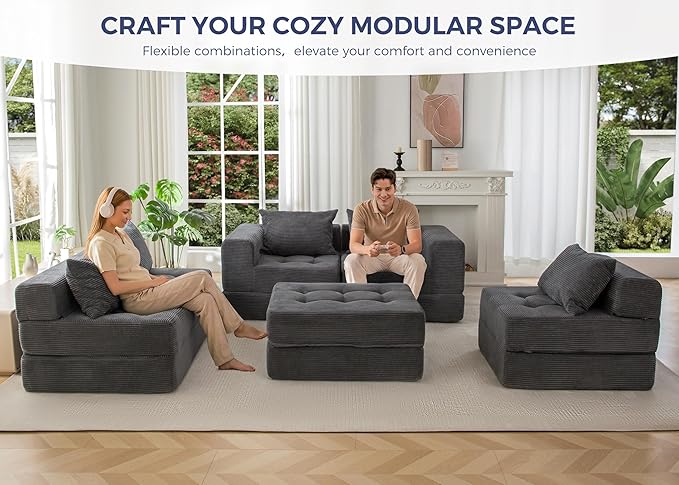 MAXYOYO Modular Sectional Sofa Couch, Foldable U Shaped Cloud Couch with Pillows, Tufted 6-Seat Boneless Sleeper Lounger Floor Sofa Bed for Living Room, No Assembly Required, Dark Grey