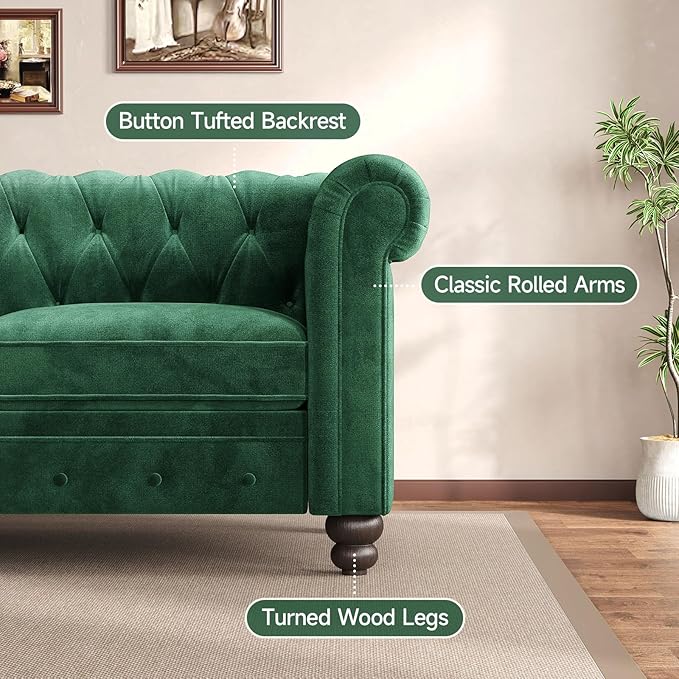 ONBRILL Velvet Chesterfield Sofa, L Shaped Sectional Sofa with Tufted Back & Rolled Arms, 3 Throw Pillows, Small Corner Sectional Couch for Living Room, Apartment, Green | Velvet Fabric
