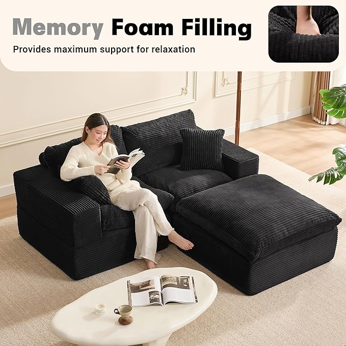 74.8” Set of Cloud Couch, Modular Loveseat Sofa, Convertible Sofas Bed, Deep Seat Sofa, Cozy Sofa for Living Room, Office and Bedroom, L Shaped Cozy Sofa Furniture Set, Corduroy, Black