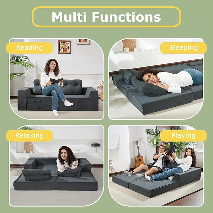 Folding Sofa Bed, 4 in 1 Convertible Sleeper Chair with Pillow, Loveseat Memory Foam Fold Out Chair Bed, Modern Floor Futon Sofa Couch Mattress for Living Room/Guest/Apartment, Black Grey | Compressed sofa, L shaped armrest, Sturdy backrest, Large supp...