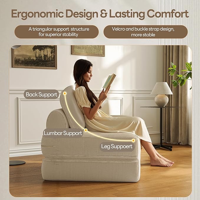 Dowinx Folding Sofa Bed with Pillow, Convertible Comfy Couch Bed for Adults Home Lounge and Gaming, Modern Comfortable Design for Apartment Living Room Bedroom, Single, Ribbed Velvet, White