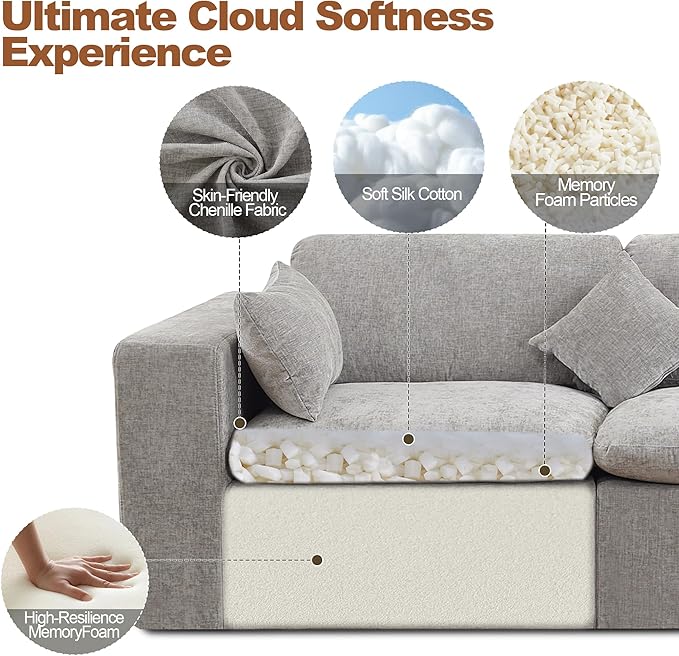 33.5'' Cloud Ottoman for Modular Sofa, Comfy Chenille Upholstered Footrest with Memory Foam, Fully Compressed Packaging, Oversized Ottoman Bench for Living Room or Small Space, Light Grey