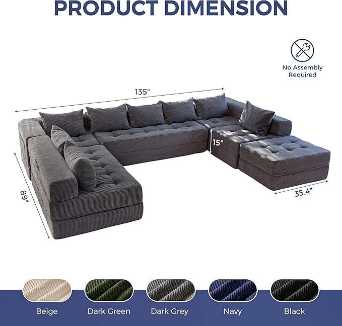 MAXYOYO Modular Sectional Sofa Couch, Foldable Oversized U Shaped Cloud Couch with Pillows, Tufted Boneless Sleeper Lounger Floor Sofa Bed for Living Room, No Assembly Required, Dark Grey
