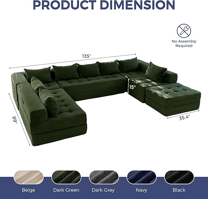 MAXYOYO Modular Sectional Sofa Couch, Foldable Oversized U Shaped Cloud Couch with Pillows, Tufted Boneless Sleeper Lounger Floor Sofa Bed for Living Room, No Assembly Required, Dark Green