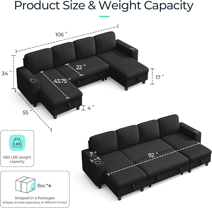 LINSY HOME Sectional Sleeper Sofa Pull Out Couches for Living Room (Black, Sleeper Sofa 3) | Pull Out Sofa Bed, Storage, USB Charging, Cup Holders, Plush Corduroy