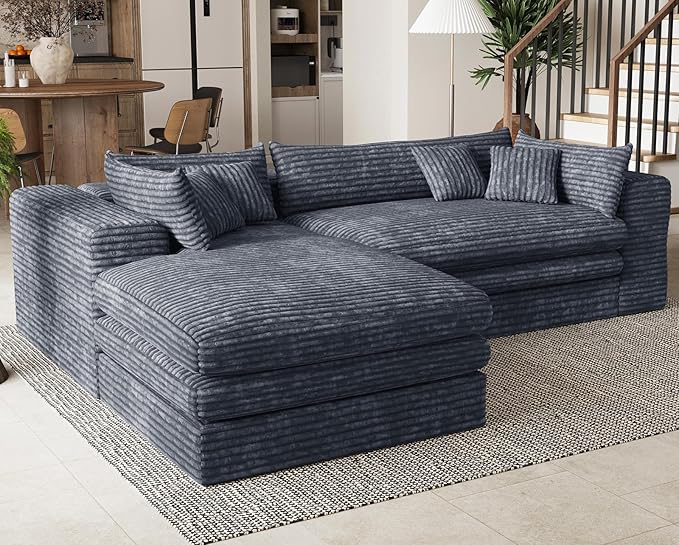 Belffin Plush Corduroy L Shaped Couch with Deep Seat Boneless Modular Sectional Cloud Boneless Couches for Living Room. Left Facing Chaise. Grey Sofa
