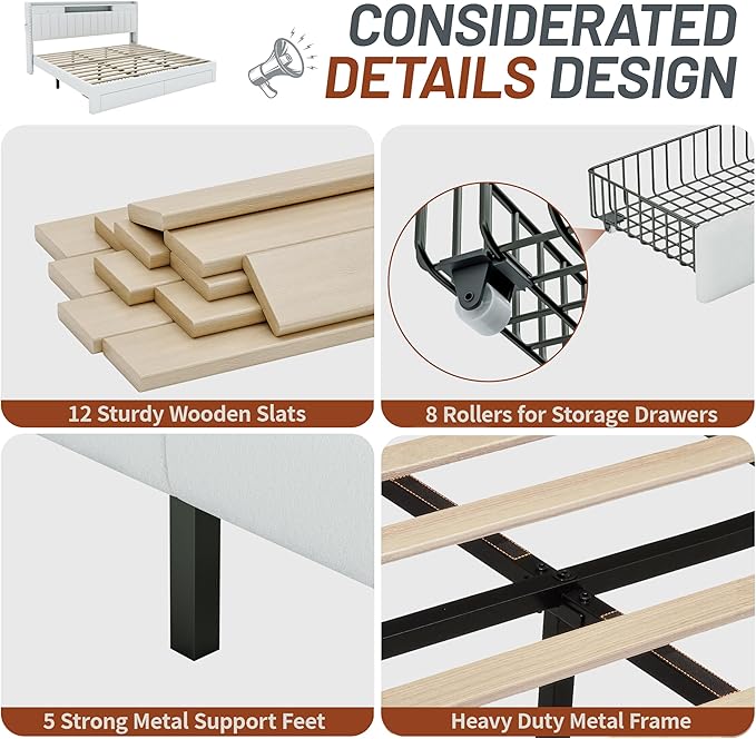 CypBed Queen Bed Frame with Headboard ＆ 4 Storage Drawers,Velvet Upholstered Platform Bed Frame Queen Size with 3 USB & Type-C Charging Ports,Solid Wood Slats,No Box Spring Needed, No-Noise,White,Gift