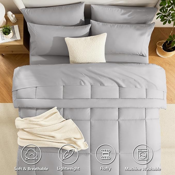 CozyLux Queen Comforter Set French Grey, 7 Pieces Bed in a Bag, Gray Comforters Queen Size, All Season Bedding Sets with Stitch Quilted Comforter, Flat Sheet, Fitted Sheet, Pillowcases