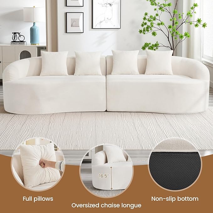 110" Boneless 4 Seater Sofa Couch, Modern Oversized Curved Cloud Sofa, Chenille 4-Seater Deep Seat Sectional Couches for Living Room, No Assembly, Beige
