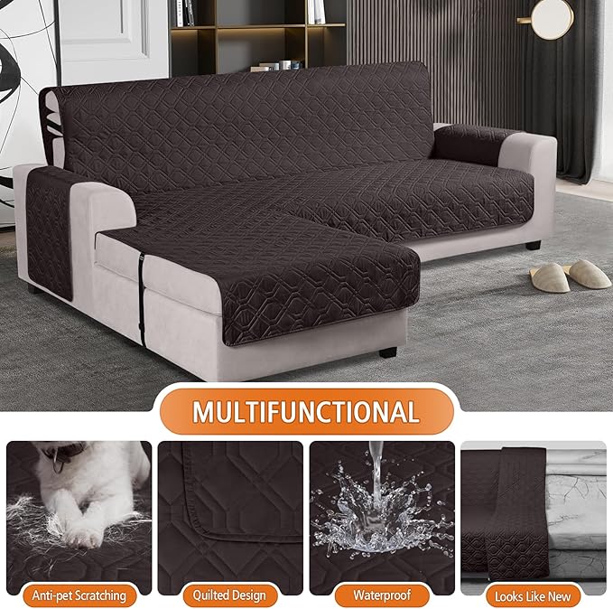 VANSOFY Upgraded Sectional Couch Covers 100% Waterproof L Shaped Sofa Slipcover Reversible Chaise Lounge Cover for Sectional Sofa Furniture Protector Cover for Pets Dog Cat(Small, Chocolate)