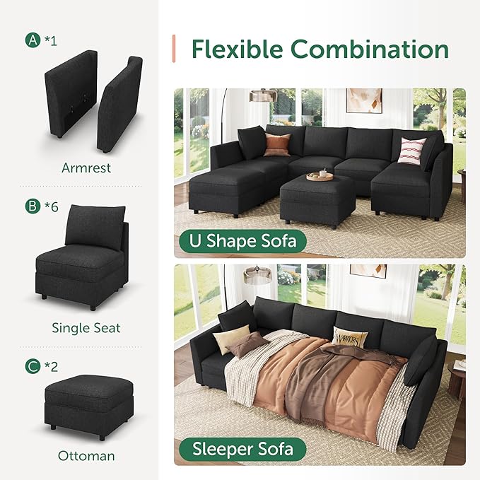 HONBAY Modular Sofa Sectional Sleeper Couch with Storage Seat Reversible Sectional Sleeper Couch Modular Sofa - Linen Grey