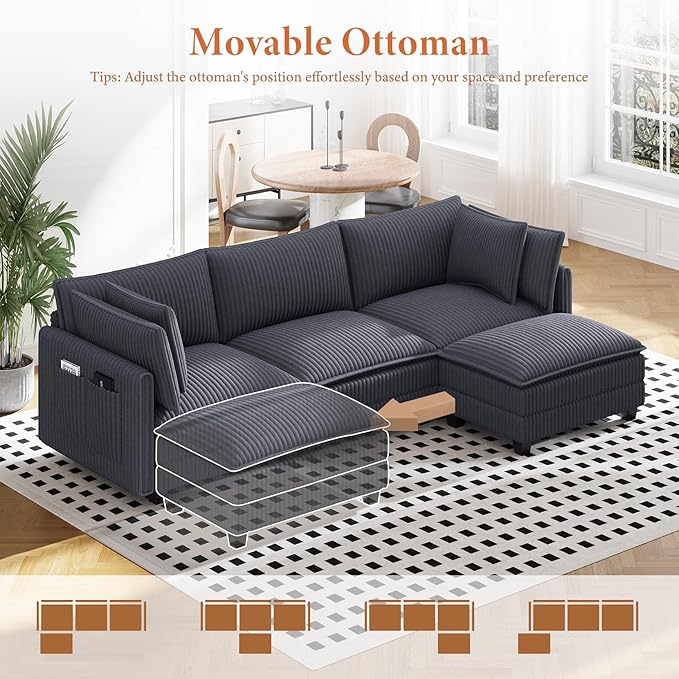 Vesgantti 109" L Shaped Cloud Sectional Couch, Comfy Corduroy Upholstered Modular Couches for Living Room, Modern 3 Seater Sectional Sofa with Ottoman Deep Seat, Charcoal Grey