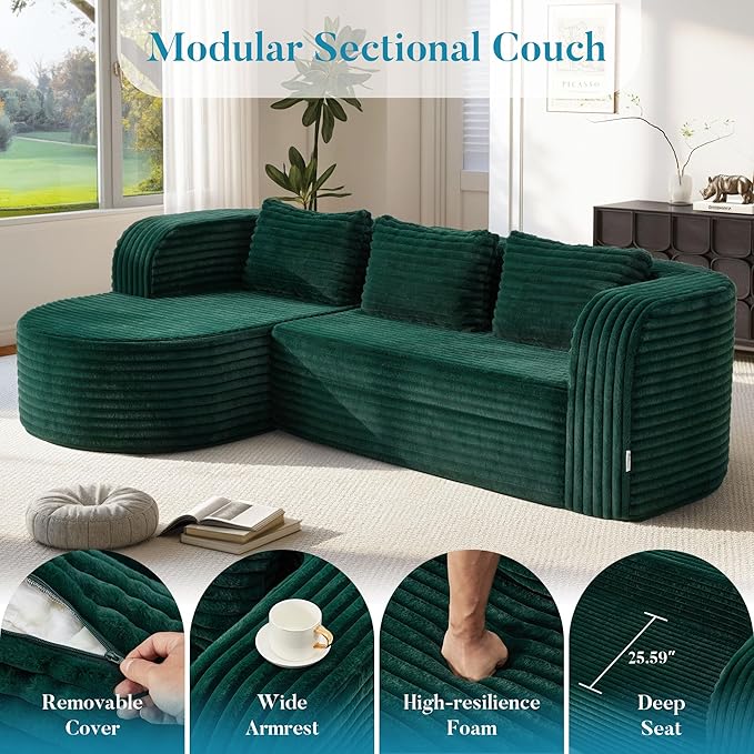 Hobestluk 96" Cloud Sectional Couch Modern Boneless Couch 3 Seater with Oversized Chaise L Shaped Modular Sofa Couches for Living Room Apartment No Assembly Required (Stripe Green,Left Facing Chaise)