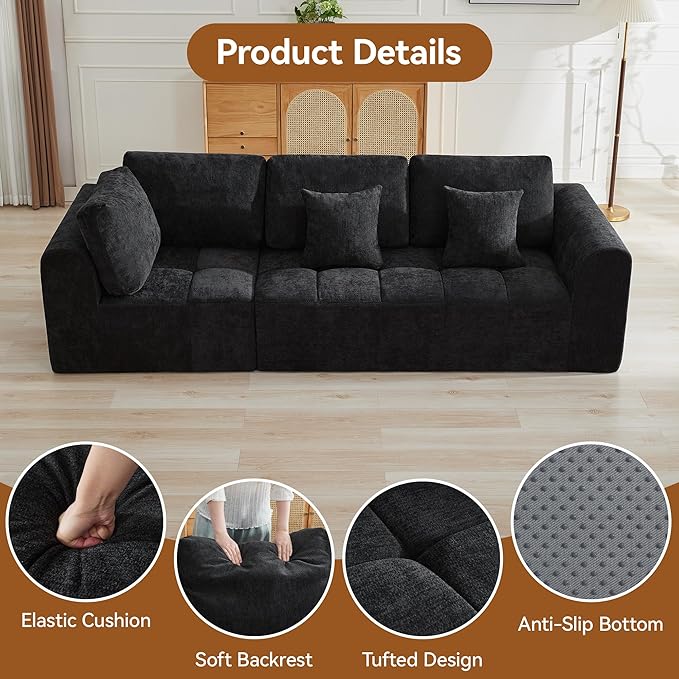 110''Modular Sectional Couches for Living Room, Cloud Boneless Compressed Sectional Sofa, Oversized 3 Seater Upholstered Memory Foam Sofa, No Assembly, Chenille Black