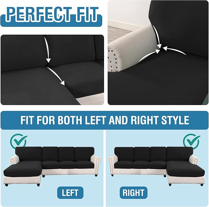 H.VERSAILTEX Sectional Couch Covers 8 Pieces Stretch Sofa Covers for Sectional Sofa Set Separate L Shaped Couch Cover for Both Left/Right Couch (Seat and Back: 1 Chaise + 3 Sofa, Black)