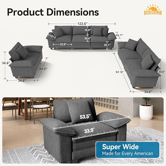 3 Piece Living Room Sofa Furniture Set, Corduroy Modular Loveseat, Cloud Chair, and 3-Seat Couch with Pillow, Oversized 6-Seat Modern Sectional Deep Sofa for Apartment, Grey