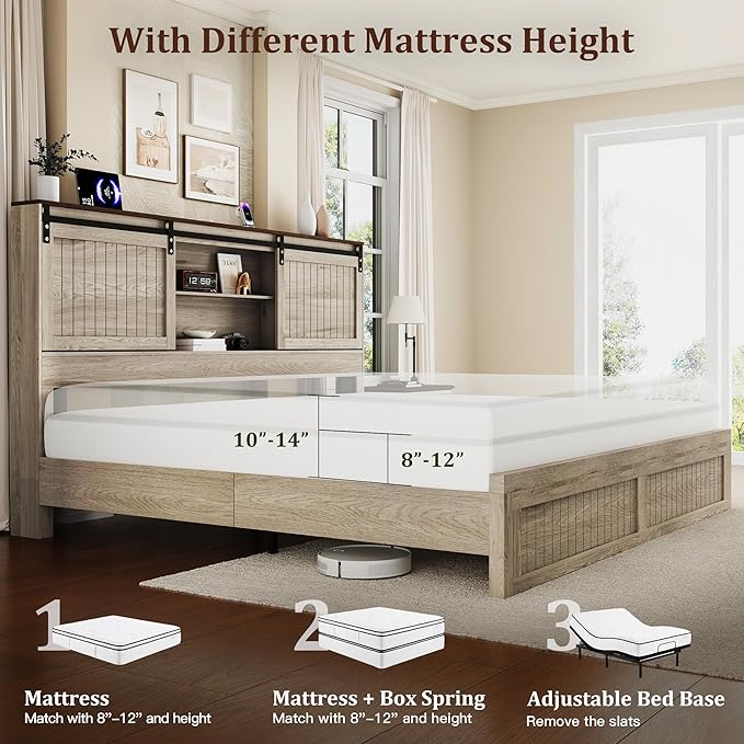 King Size Bed Frame with Storage Headboard, Sliding Barn Door, Wood Platform Bed with Reading Light and Charging Station, Wood Slats Support, Easy Assembly, Noise-Free, Light Rustic Oak