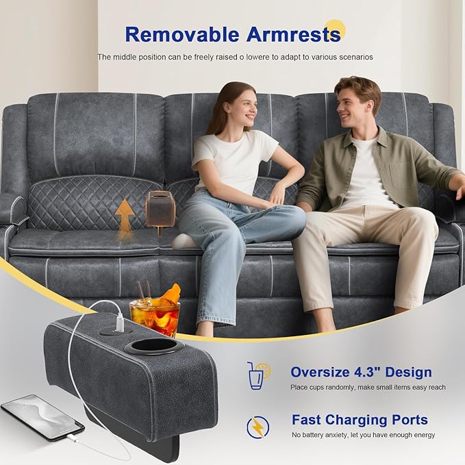 3+1 Manual Recliner Sofa, Maximum Load Capacity 1800lbs & Ergonomics Design, Multi-Functional Middle Seat & Home Theater Seating with Removable Armrest and Storage for RV Living Room (Velvet,Grey)